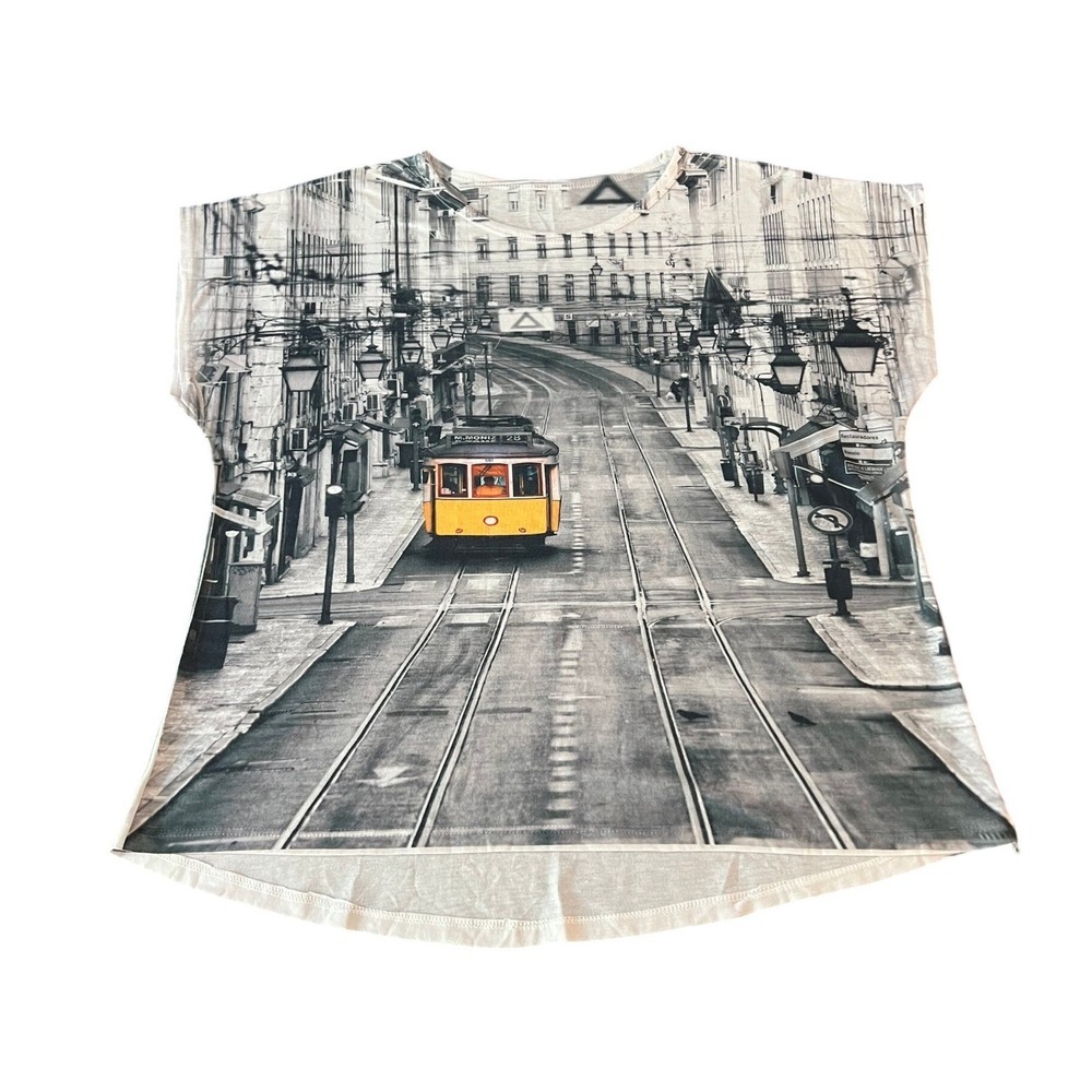 Yellow Trolley Graphic T-Shirt European City Street Scene Short Sleeve (1142)
